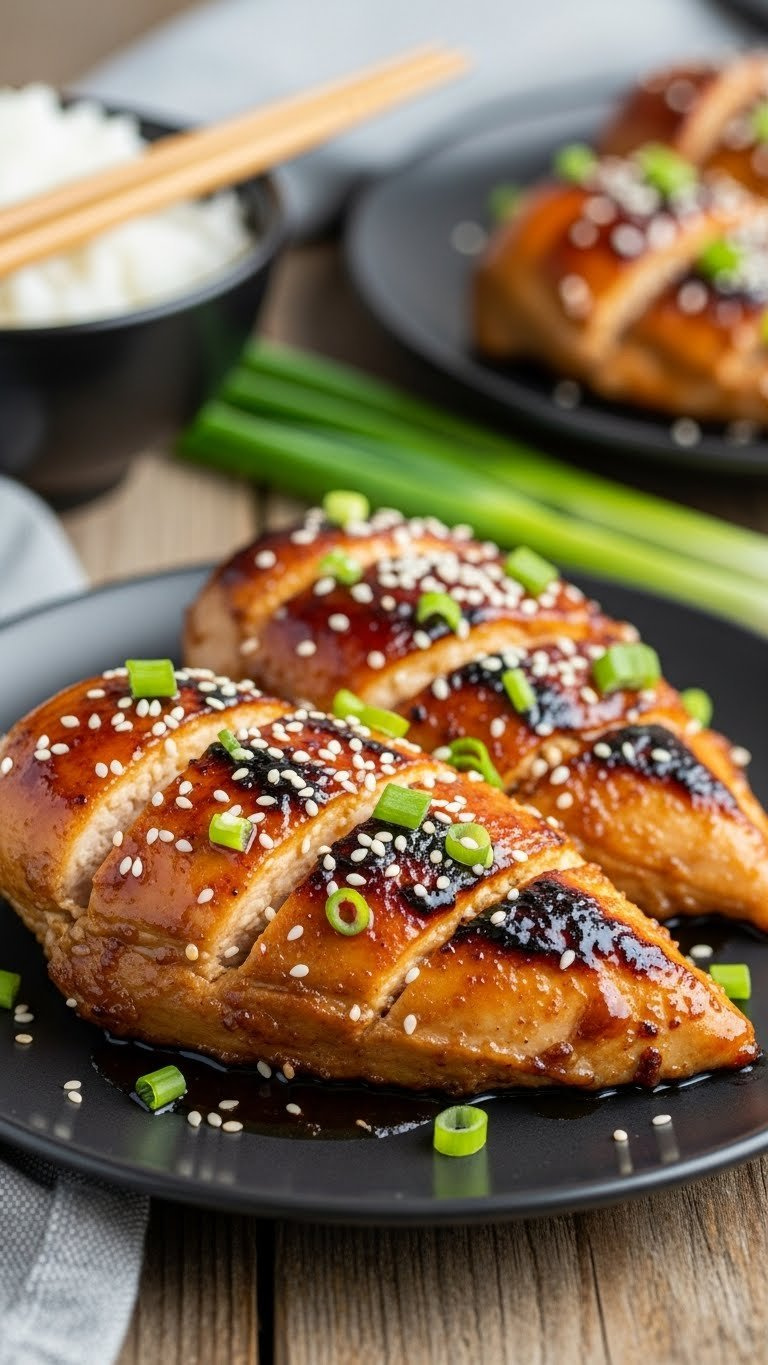 Sticky Honey Garlic Instant Pot Chicken Breast With Sesame Seeds, Green Onions, And Rice On A Dark Plate, Ready To Enjoy.