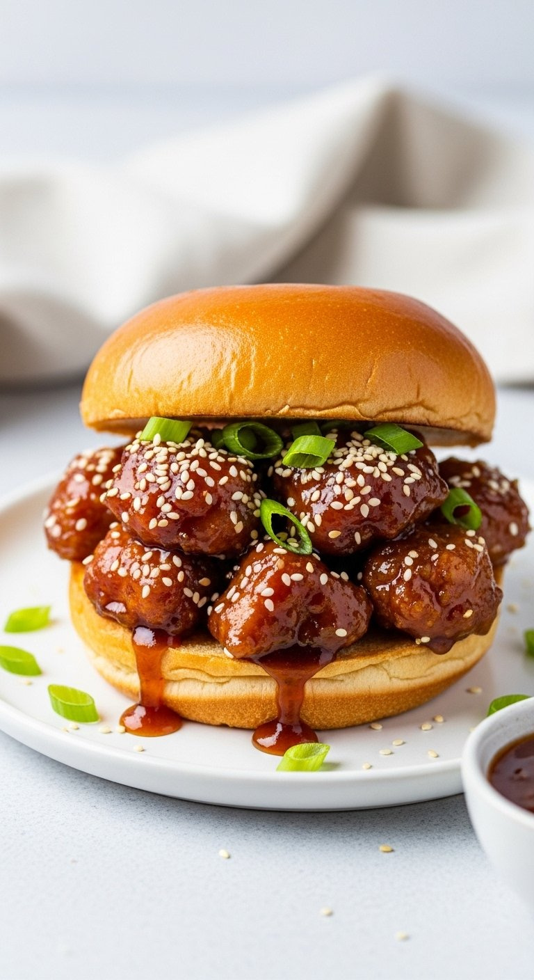 Sticky Honey Garlic Chicken Sandwich With Sesame Seeds And Green Onions On A Soft Brioche Bun.