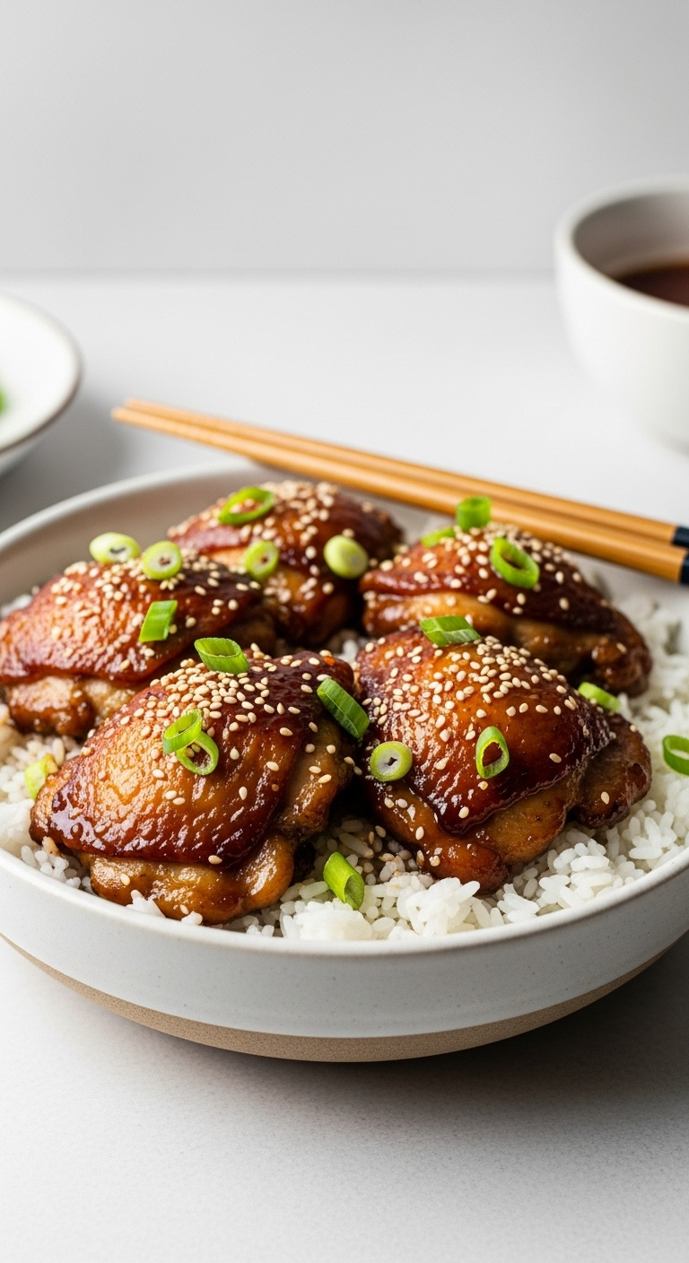 Sticky Honey Garlic Chicken Thighs In A Glistening Dark Sauce Over White Rice Garnished With Sesame Seeds And Green Onions