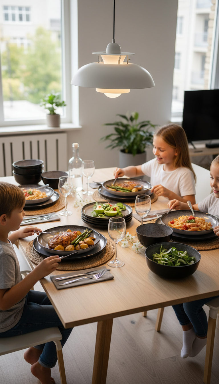 A Stylish Stoneware Dinnerware Set Arranged On A Wooden Table.