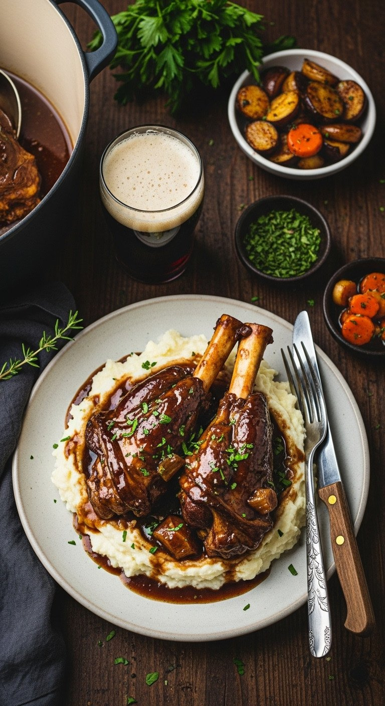Stout-Braised Lamb Shanks On Creamy Mashed Potatoes With Rich Gravy &Amp; Parsley. Vintage Plate On Dark Wooden Table With Stout.
