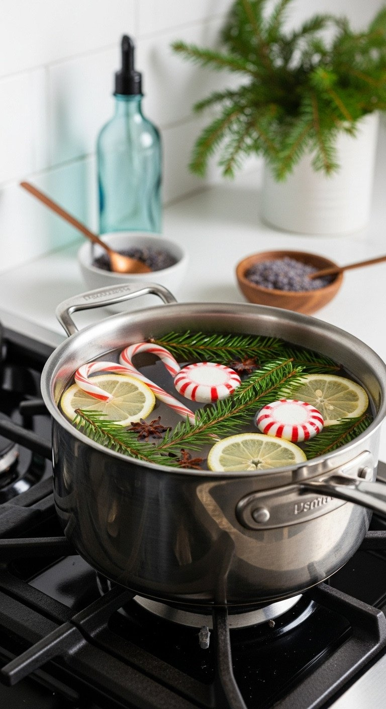 Stovetop Potpourri: Peppermint, Pine Sprigs, Lemon Slices Simmering In Stainless Steel Pot On Modern Stovetop.