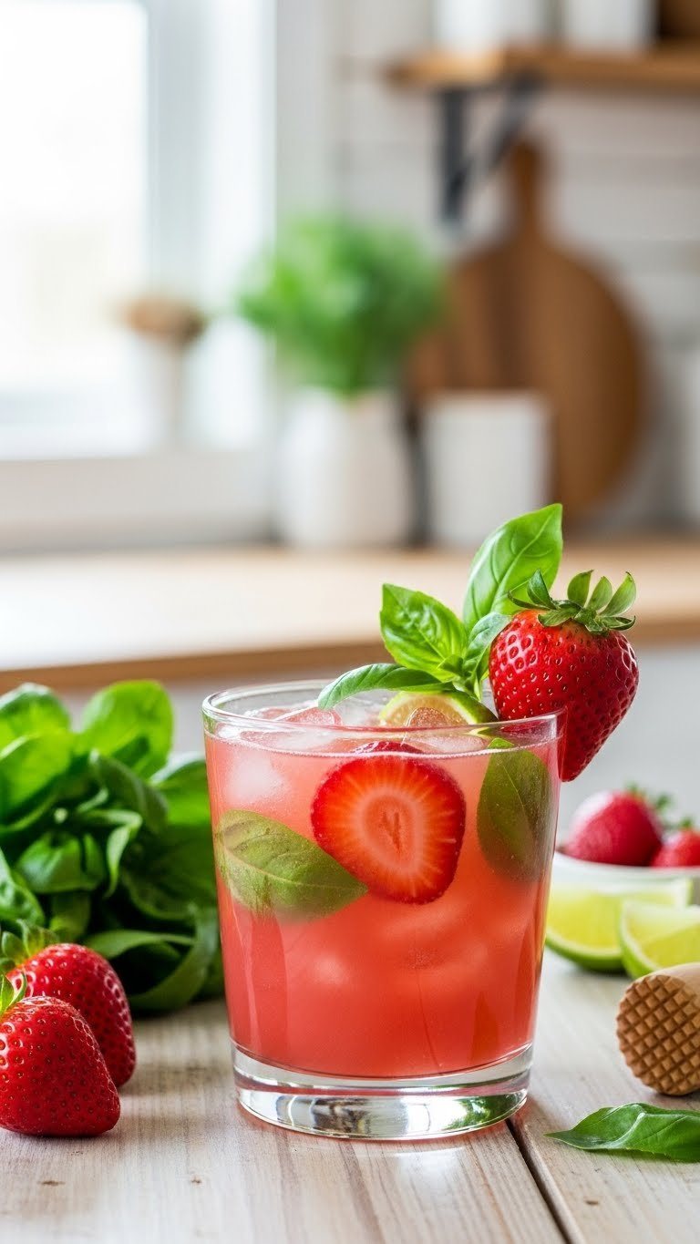 Strawberry Basil Tequila Smash With Muddled Fruit In Rocks Glass On Rustic Wooden Table