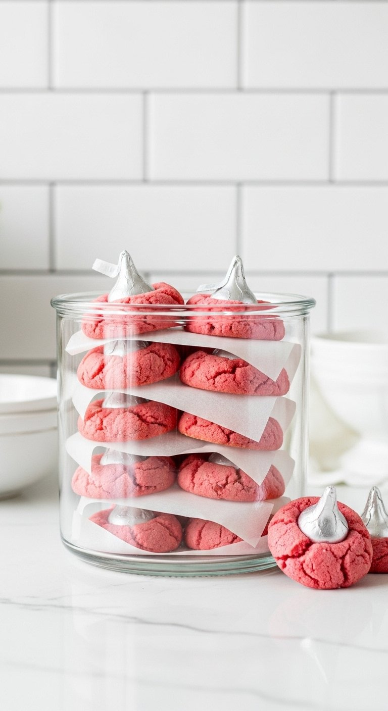 Strawberry Kiss Cookies Stacked Neatly In A Clear Glass Storage Container.