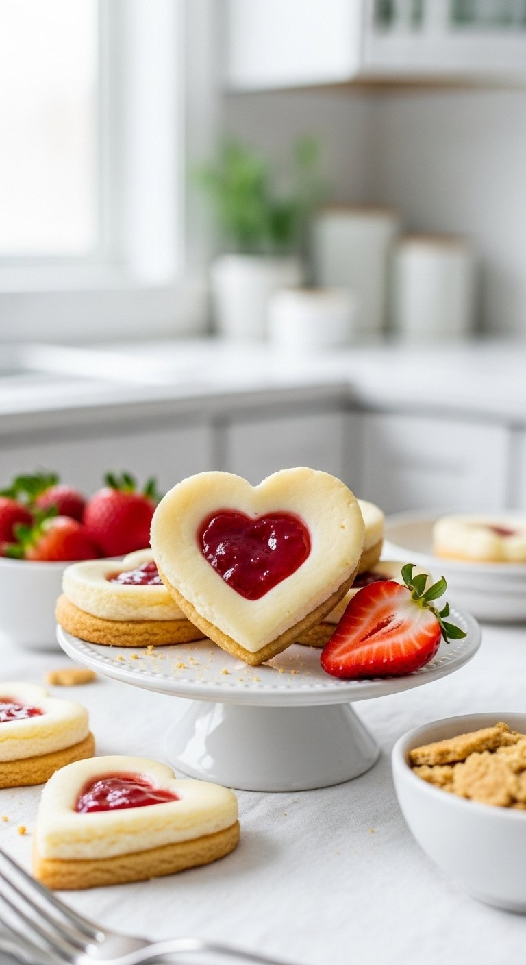 Strawberry Cheesecake Thumbprint Heart Cookies With Fresh Strawberries On A White Cake Stand.