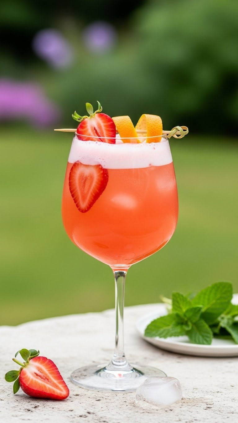 Strawberry Grapefruit Infused Cloud 9 Aperitif With Pink-Orange Hue And Frothy Top Garnished With Fresh Fruit Slices.