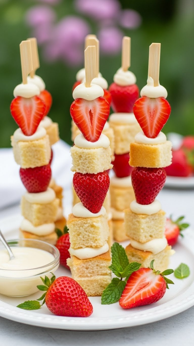 Strawberry Shortcake Skewers With Fluffy Cake Cubes And Fresh Berries On Wooden Sticks