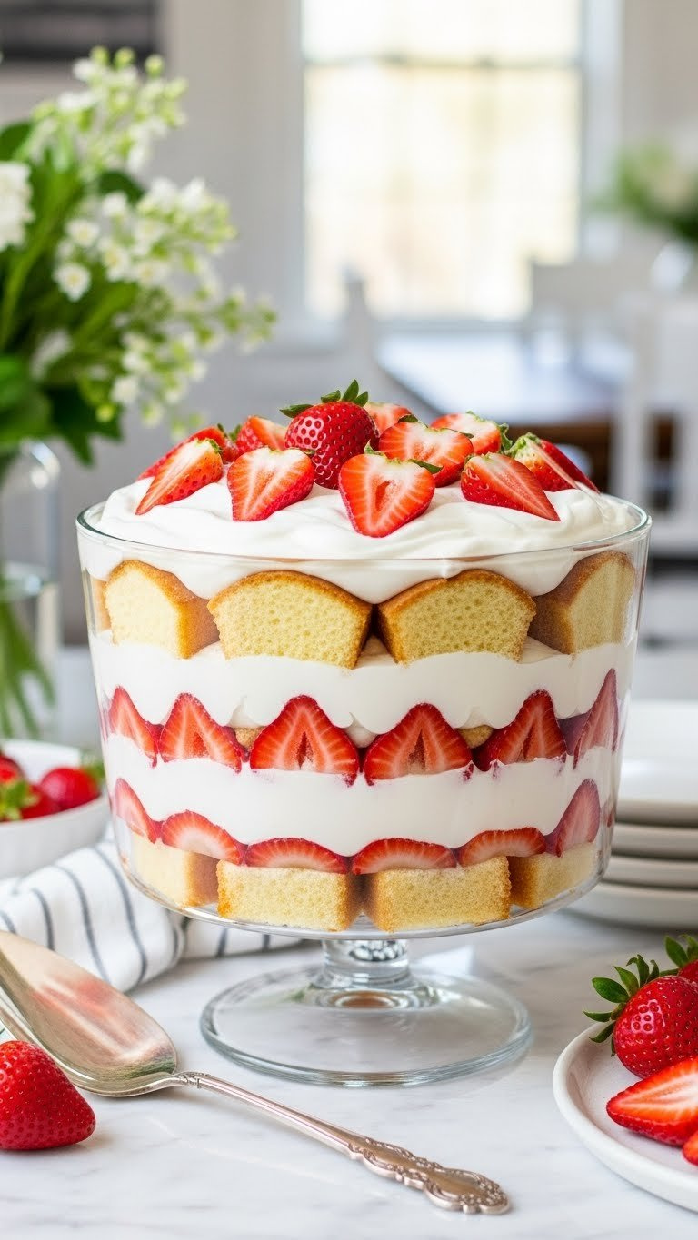 Strawberry Shortcake Trifle In Glass Bowl With Layers Of Pound Cake, Fresh Strawberries, Whipped Cream.