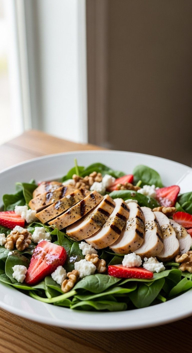 Strawberry Spinach Salad With Grilled Chicken, Goat Cheese, And Walnuts Served In A Modern White Bowl.