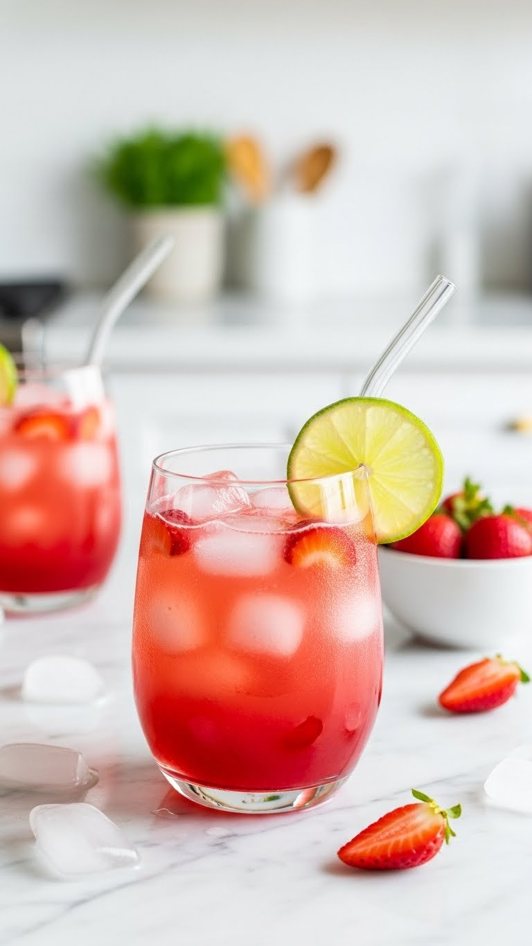 Strawberry Vanilla Refresher Drink With Pink Layers, Fresh Strawberries, And Lime Garnish On White Marble Surface