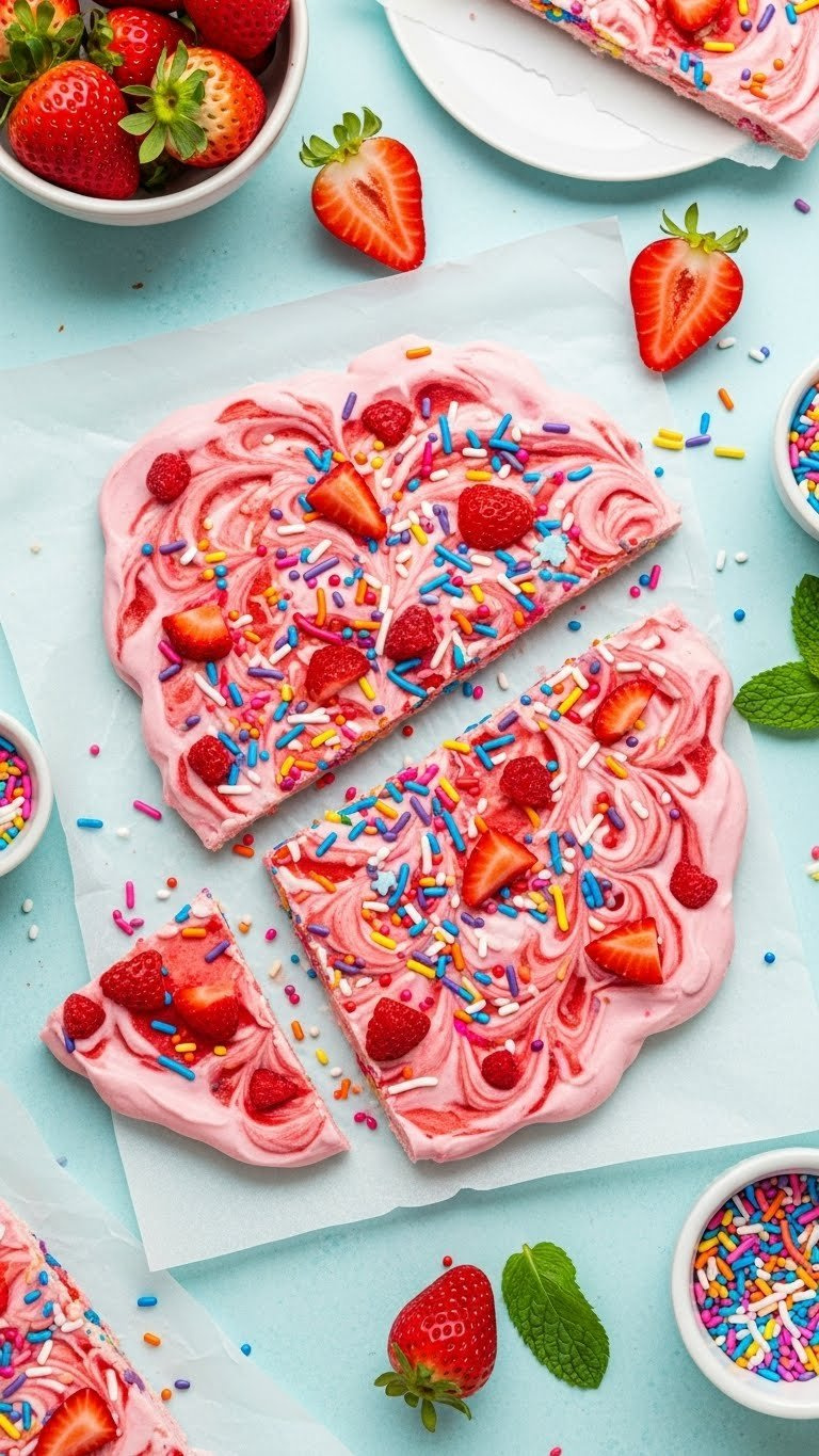 Strawberry Yogurt Bark With Pink Swirls And Rainbow Sprinkles On Parchment Paper Over Light Blue Surface