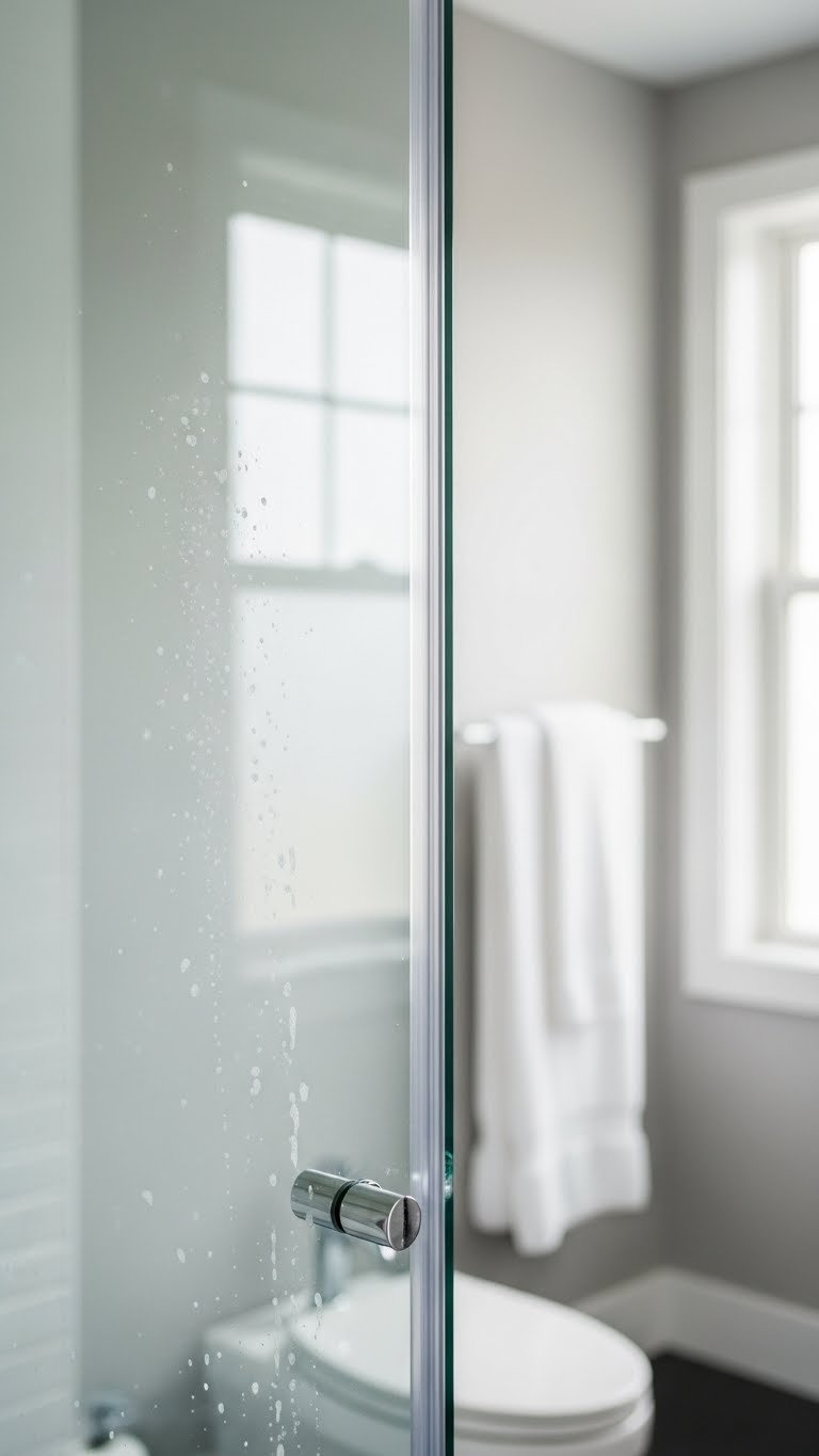 Streak-Free Glass Shower Door Reflecting Light Without Soap Scum Or Water Spots In Modern Bathroom.