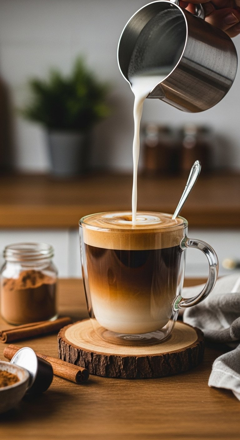 Stream Of Frothed Milk Swirling Into Espresso And Brown Sugar Syrup In A Transparent Latte Mug.