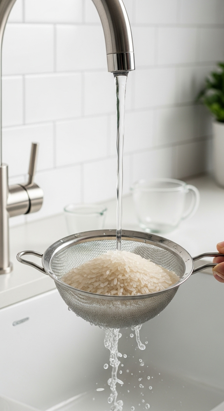 Stream Of Water Rinsing Long Grain White Jasmine Rice In A Silver Fine Mesh Strainer Over A Clean Porcelain Sink