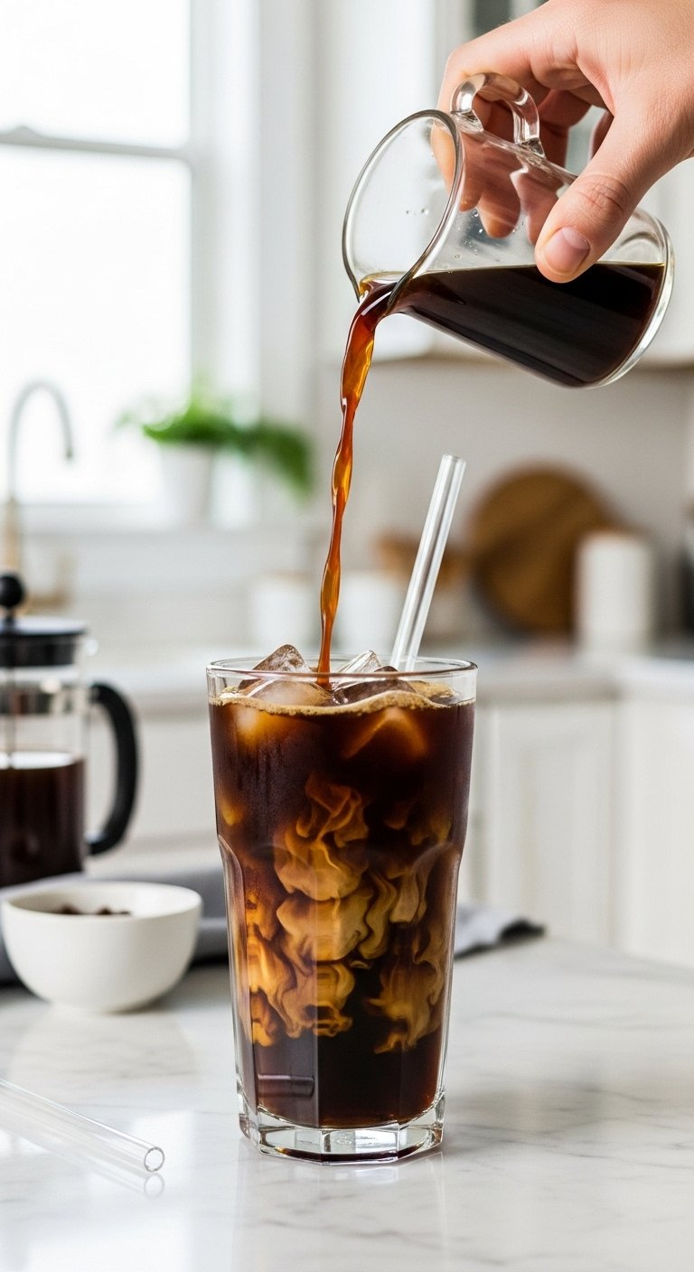 Strong Brewed Coffee Pouring Into A Tall Clear Glass Filled With Ice Cubes On A Marble Countertop.