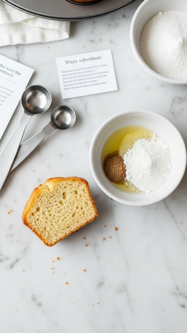 Structured Baked Good With Egg Substitute Mixture In Bowl On Marble, Measuring Spoons, Recipe. Clean, Organized.