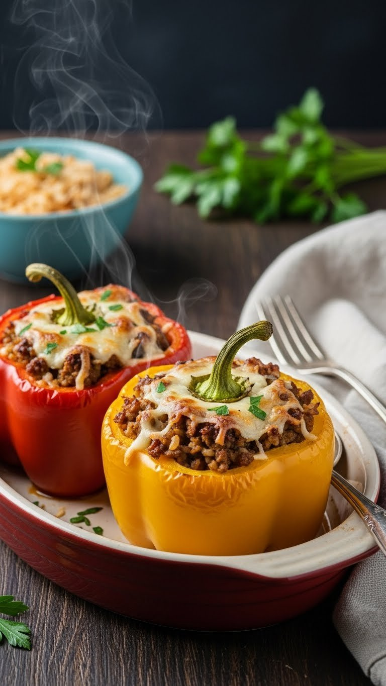 Stuffed Bell Peppers Filled With Savory Ground Meat And Rice Topped With Melted Cheese