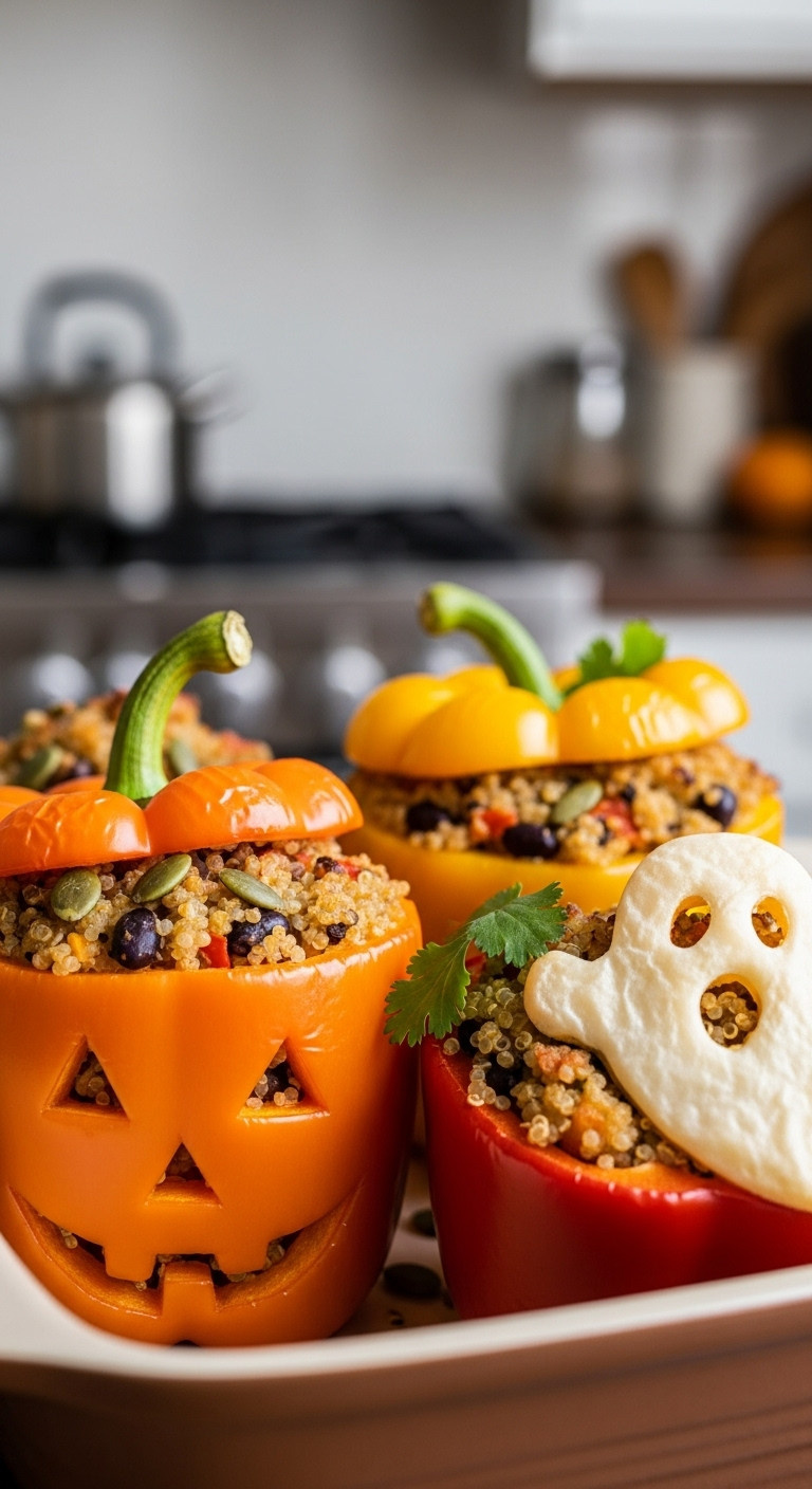Stuffed Bell Peppers With Carved Halloween Faces And Plant-Based Stuffing. Spooky Halloween Food.