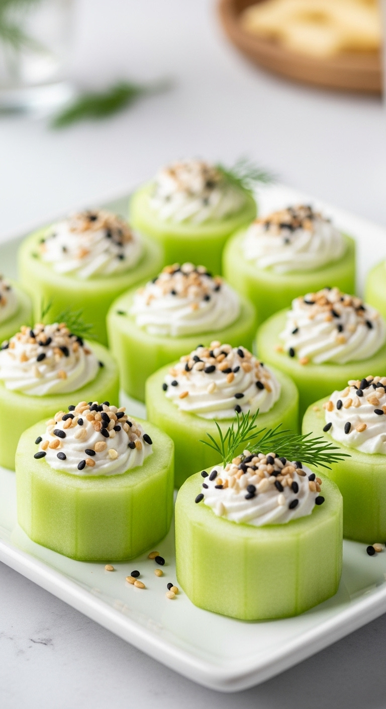 Stuffed Cucumber Cups With Cream Cheese And Everything Bagel Seasoning On A White Platter With Dill