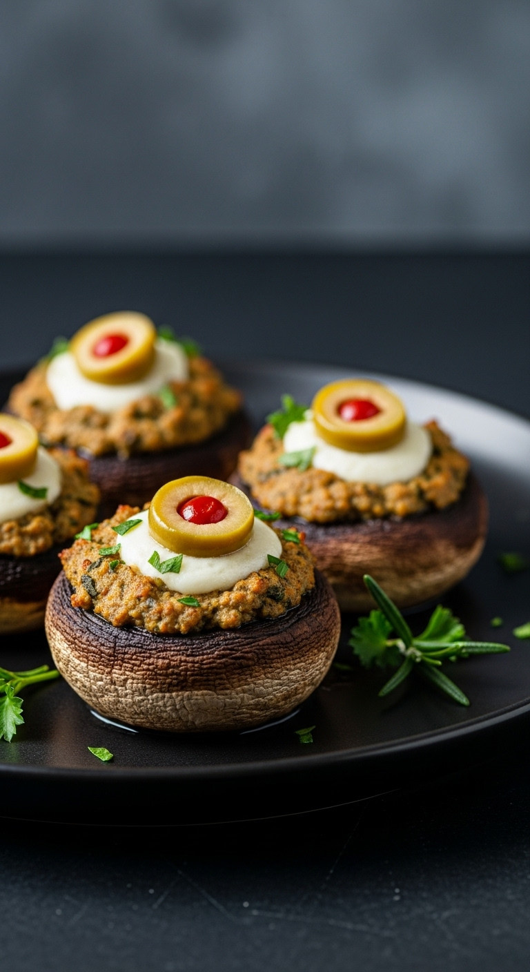 Stuffed Mushroom Eyeballs With Plant-Based Filling, Green Olive, Pimento On A Black Platter. Spooky Halloween Food.