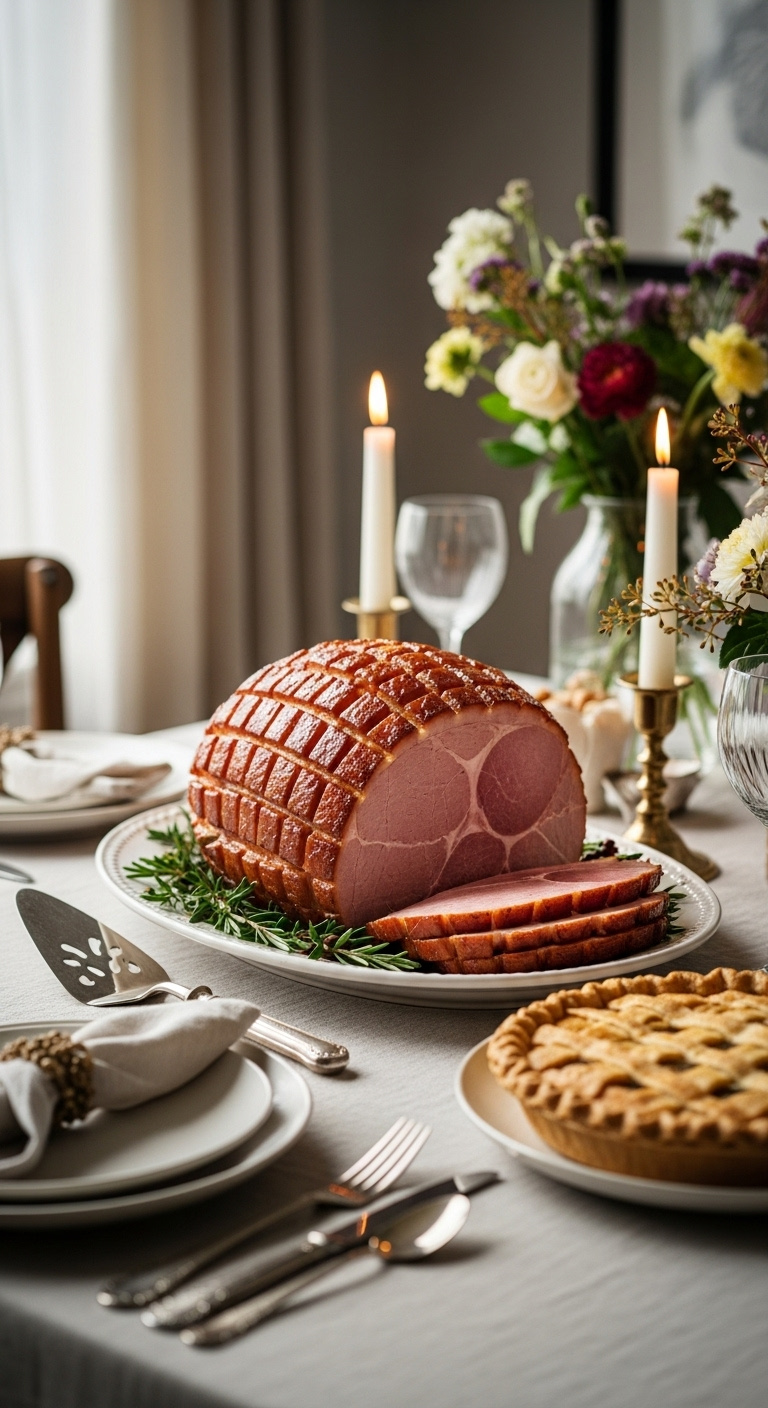 Stunning Honey-Baked Ham From A Specialty Store On An Elegant Platter As The Centerpiece Of A Dinner Table With A Store-Bought Pie