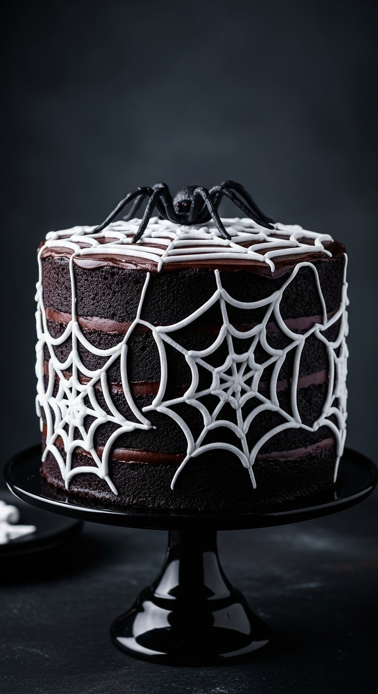 Stunning Spiderweb Cake With Dark Chocolate Frosting Melted Marshmallow Webs And A Plastic Spider On An Elegant Black Stand For A Crowd