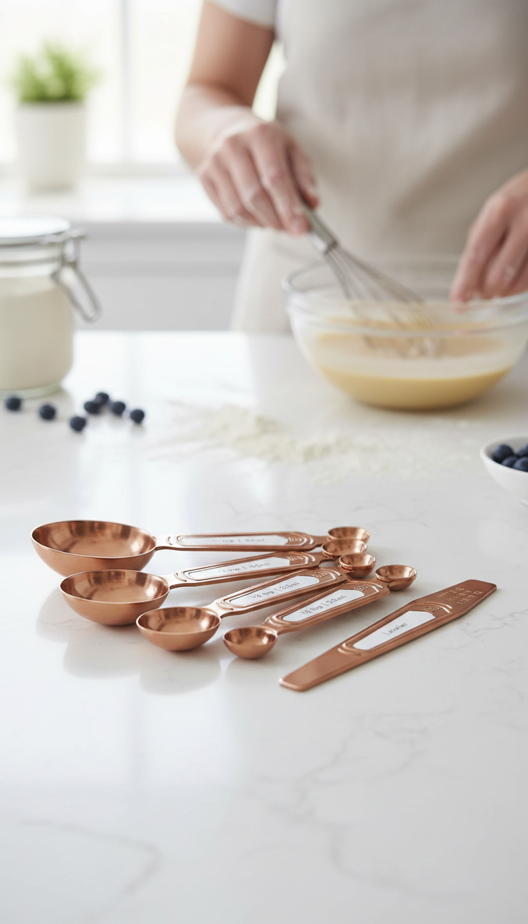A Photo Showing The Styled Settings Copper Measuring Spoons On A Kitchen Scale Next To A Bag Of Flour, Demonstrating The Accuracy Testing Process.