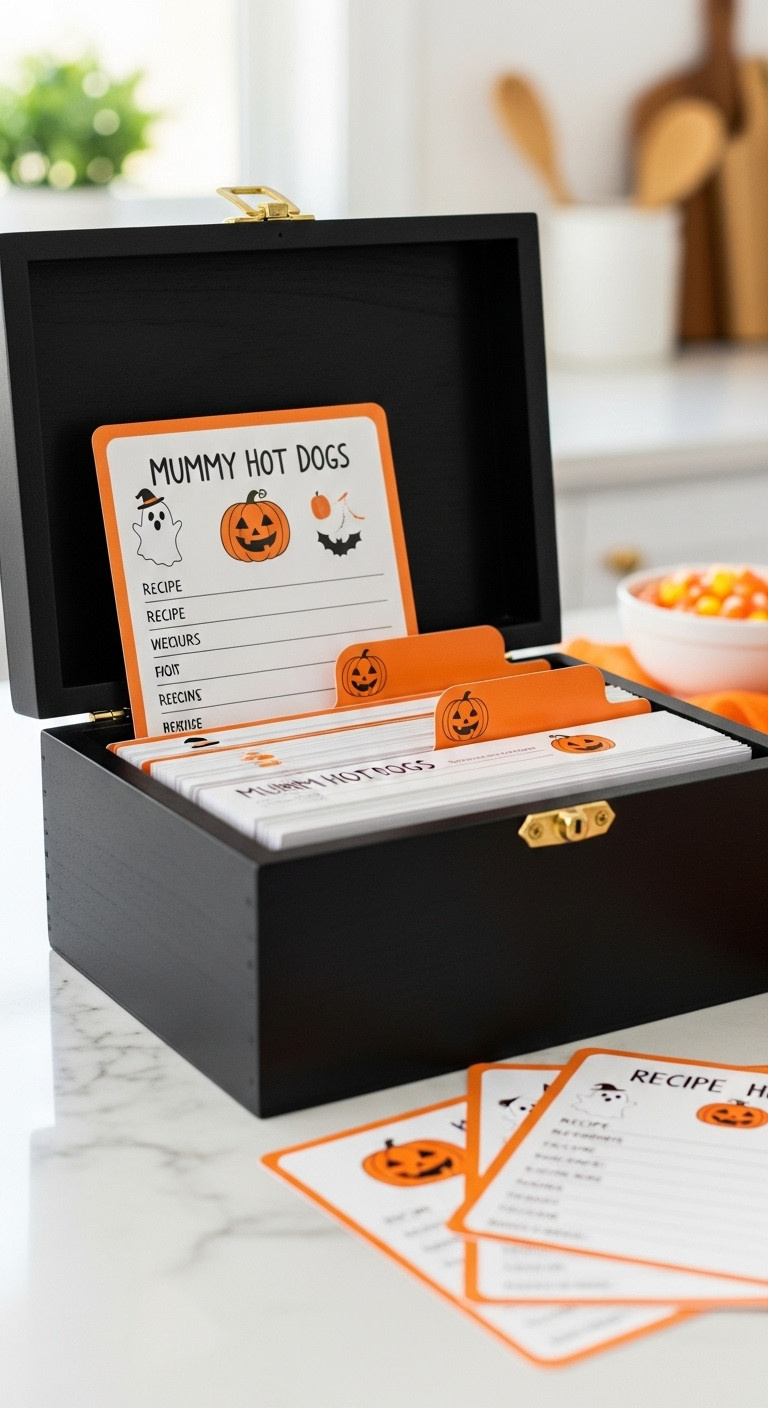 Stylish Black Wooden Recipe Box With Halloween Printable Cards Ghost And Pumpkin Illustrations Perfect For Spooky Ideas