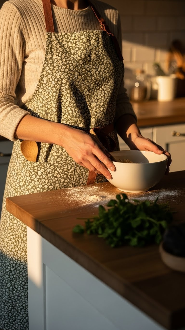 Stylish Floral Apron With Pockets Worn While Holding Bowl Of Ingredients In Rustic Kitchen