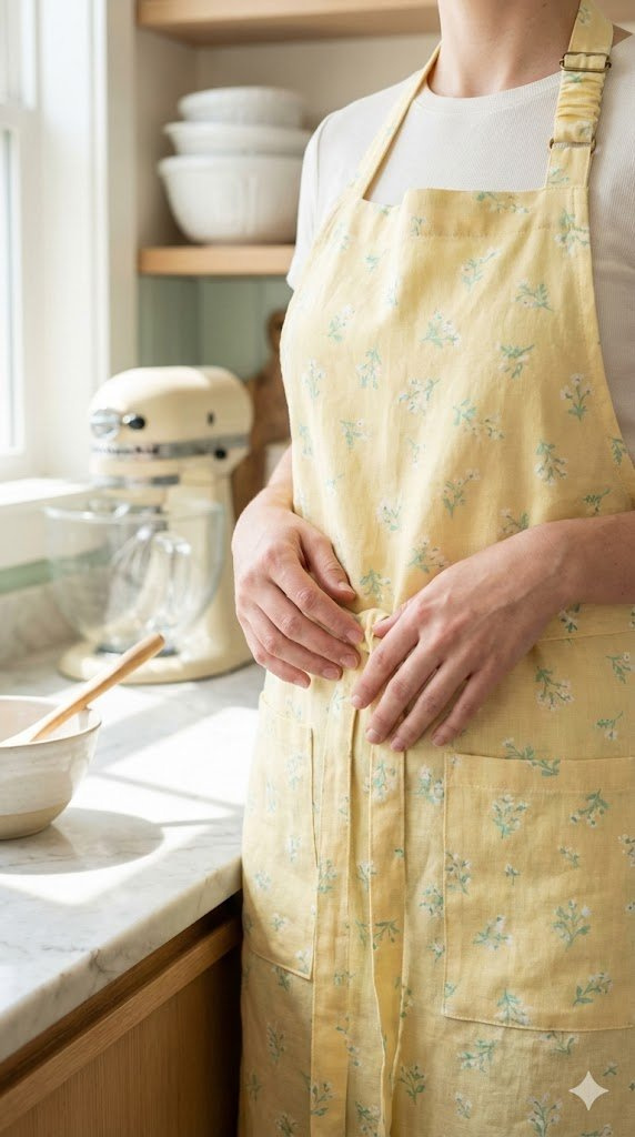 Stylish Pastel Baking Apron With Functional Pockets Worn By Baker In Bright Kitchen With Marble Countertops