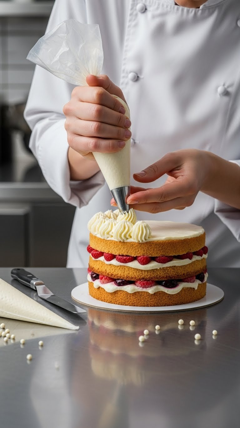 Stylish Pastry Chef Meticulously Piping Intricate Frosting Onto Elegant Multi-Layered Cake In Professional Kitchen