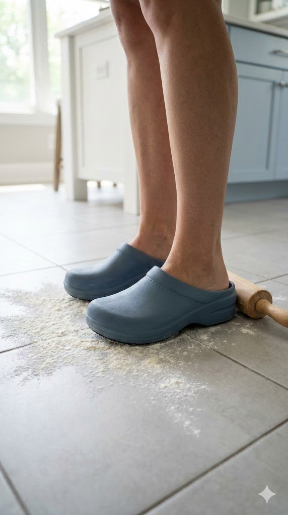 Stylish Slip-Resistant Kitchen Clogs Standing On Tile Floor With Flour Dusting Nearby