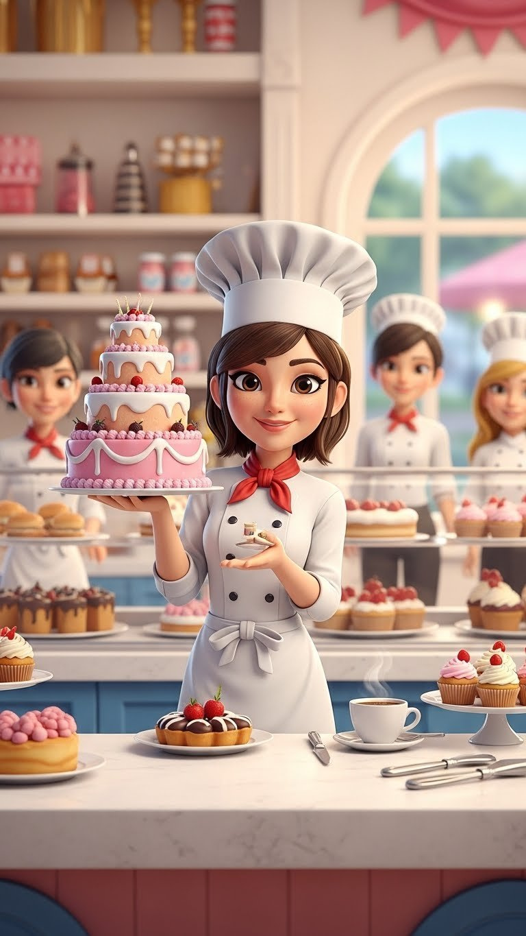 Stylized Female Chef Presenting Multi-Tiered Decorated Cake In Bustling Bakery With Happy Customers