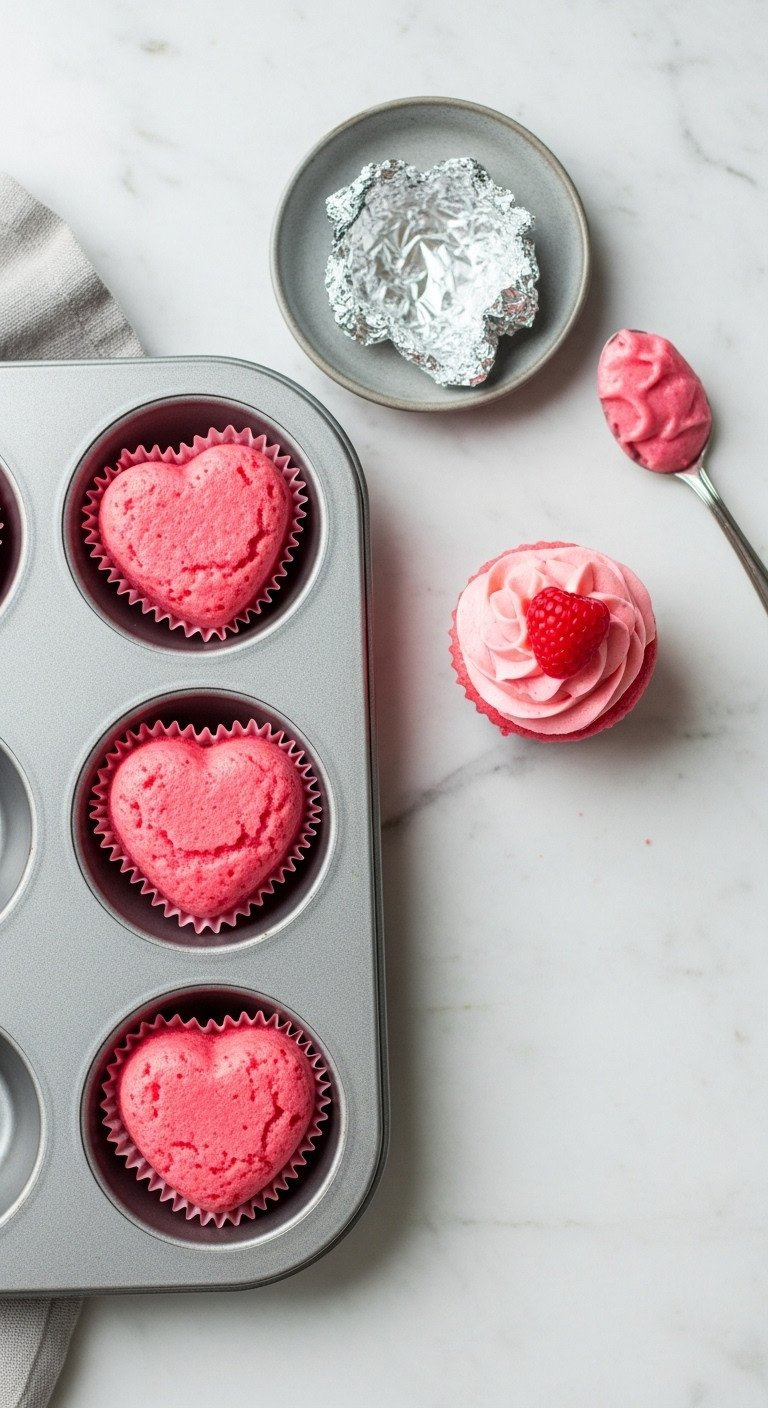 Subtly Pink Heart-Shaped Valentine Cupcakes In Muffin Pan, One Frosted With Raspberry Buttercream &Amp; Candied Heart, Marble Counter.