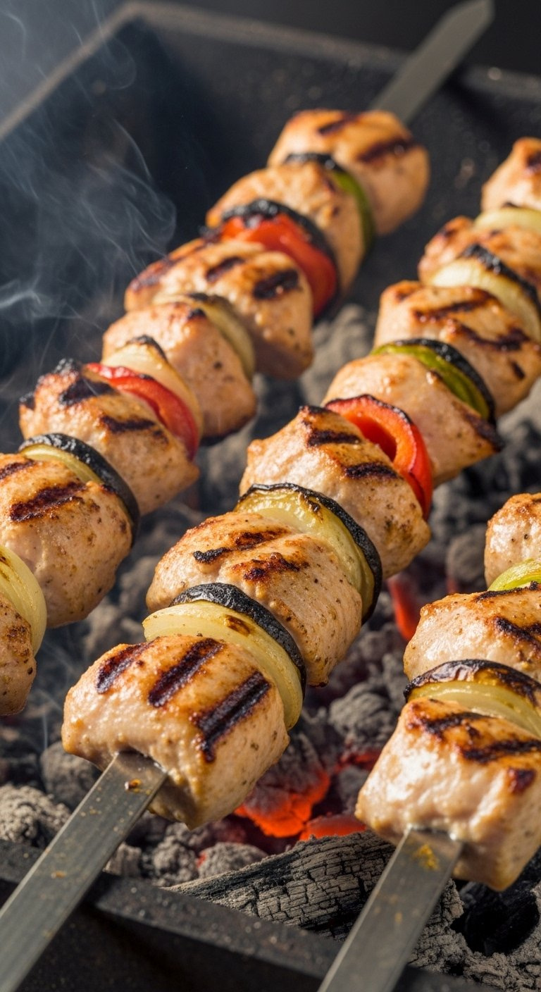 Succulent Turkish Chicken Shish Kebabs Grilling Over Glowing Charcoal With Vibrant Vegetables.