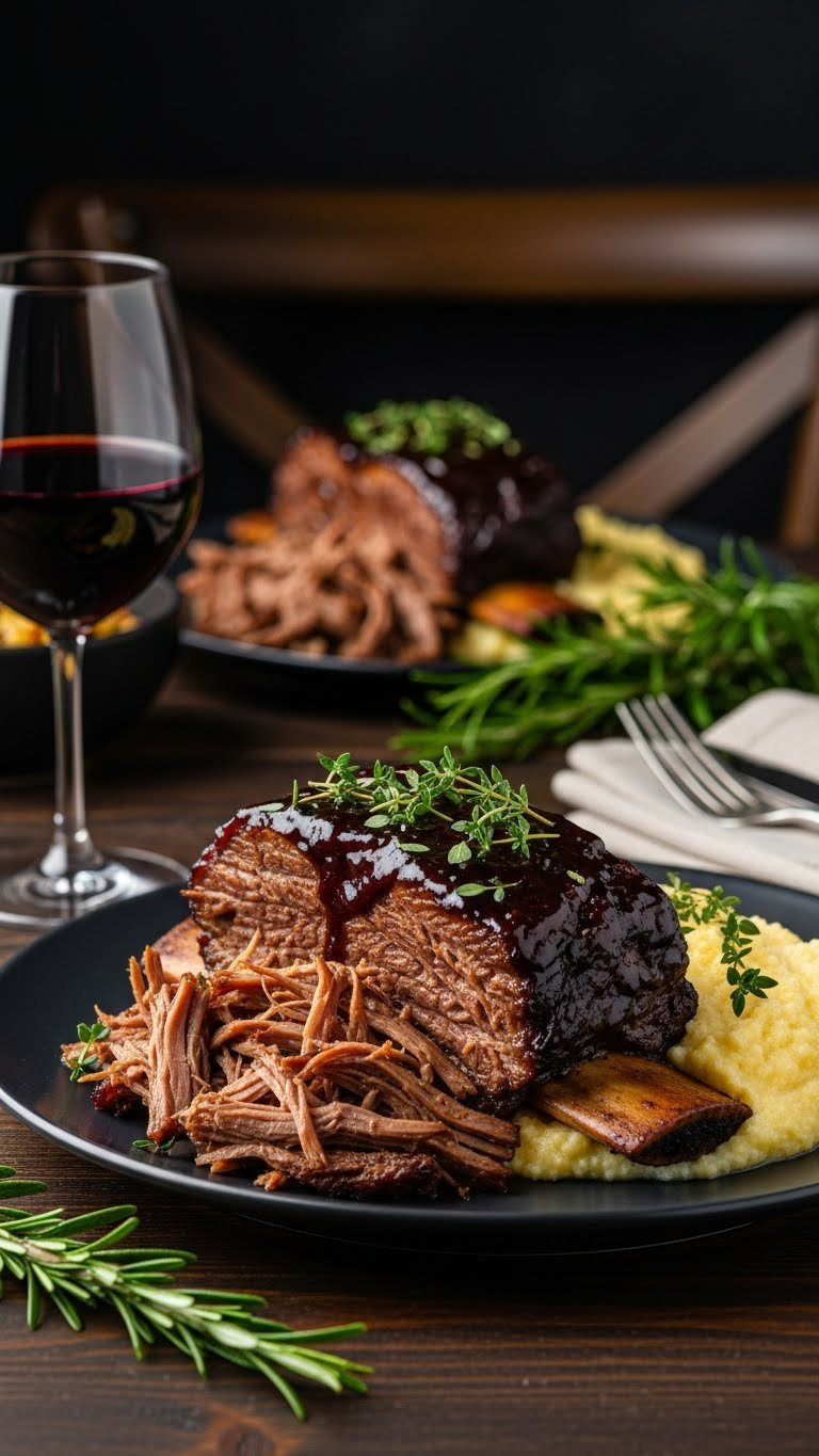 Succulent Balsamic Glazed Short Ribs With Tender Meat, Glossy Glaze, Herbs, And Creamy Polenta On Dark Ceramic Plate