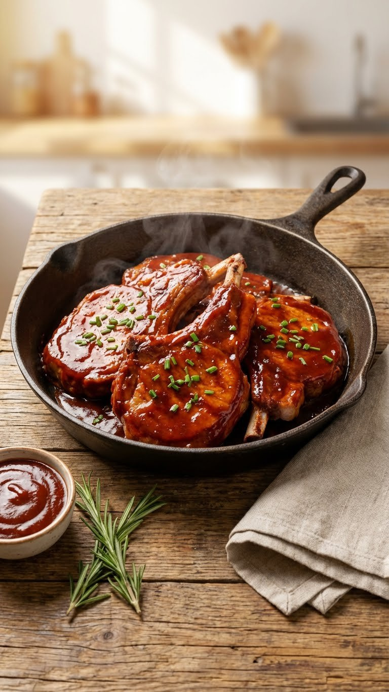 Succulent Bone-In Bbq Instant Pot Pork Chops With Glossy Reddish-Brown Sauce In A Rustic Cast-Iron Skillet On A Wooden Table.