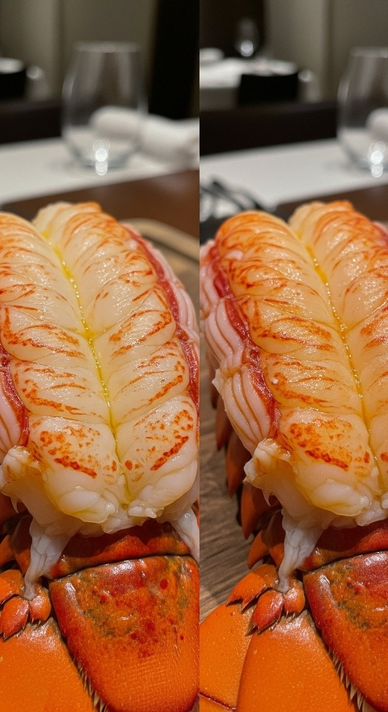 Succulent Cooked Lobster Tail Meat Contrasted With A Dry Overcooked Sample For Texture Comparison.