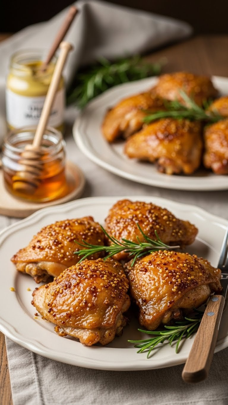 Succulent Crispy Baked Chicken Thighs With Honey-Mustard Glaze Showing Caramelized Skin On Vintage Ceramic Plate With Warm Lighting.