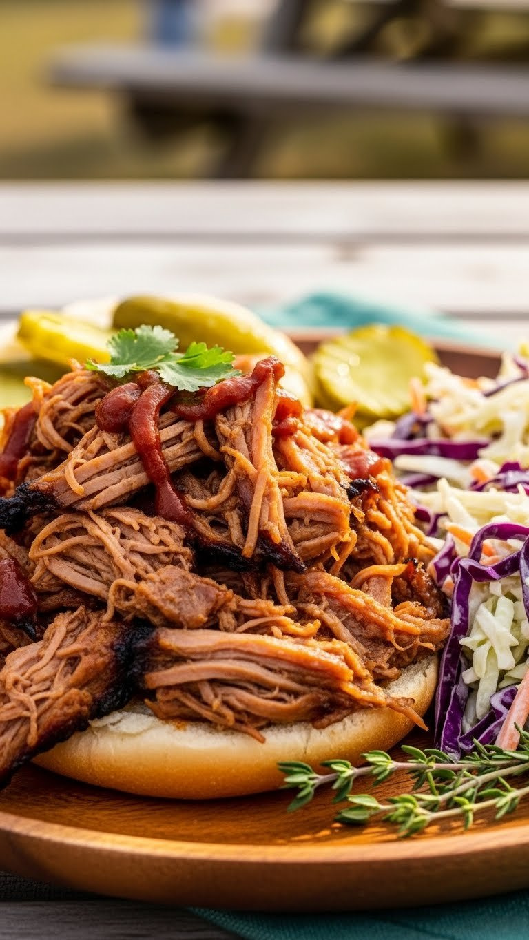 Succulent Dairy-Free Instant Pot Pulled Pork With Bbq Sauce, Coleslaw, And Pickles On A Rustic Wooden Platter.