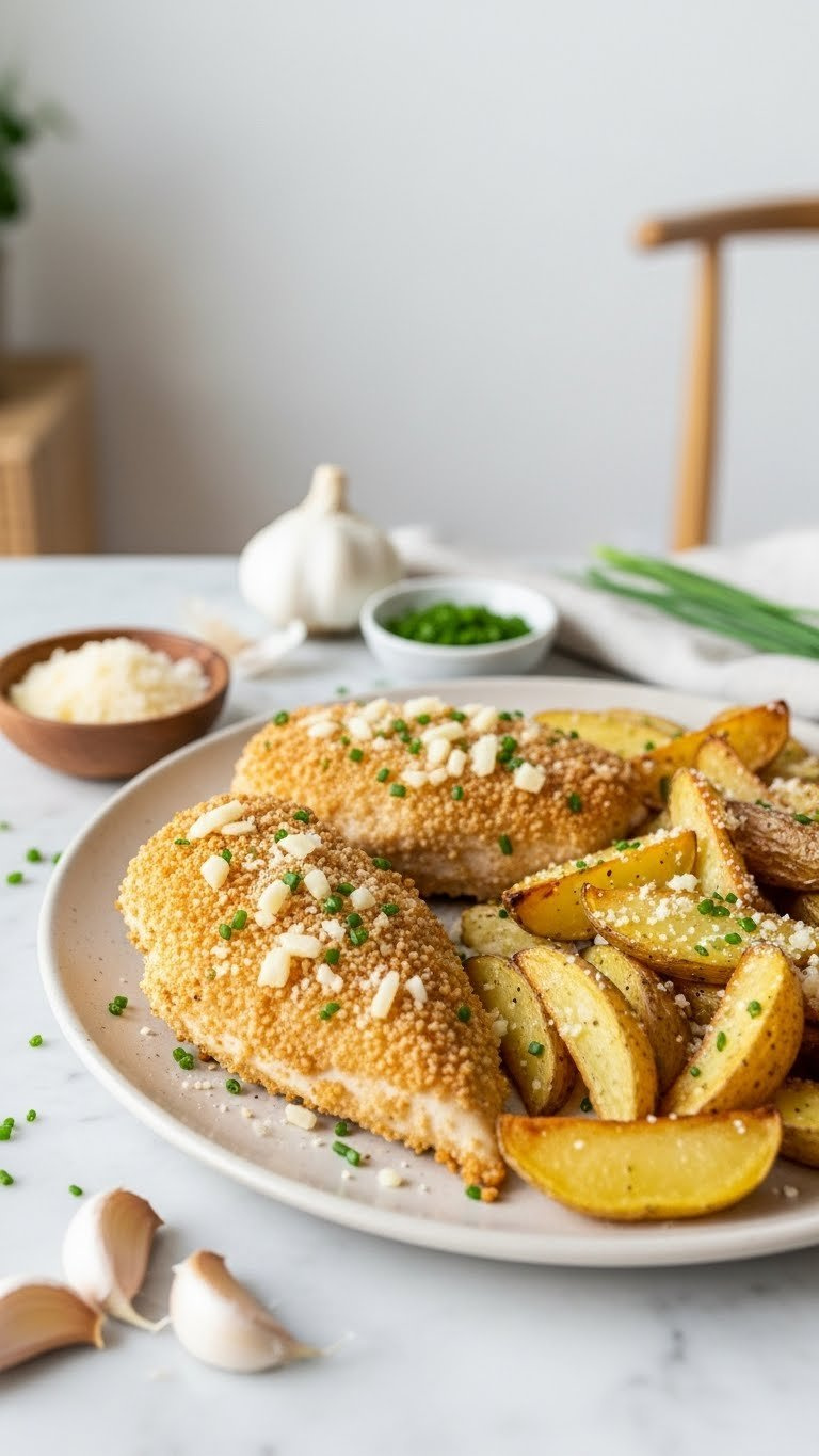 Succulent Garlic Parmesan Chicken Breasts With Roasted Potato Wedges On Marble Countertop With Fresh Herbs