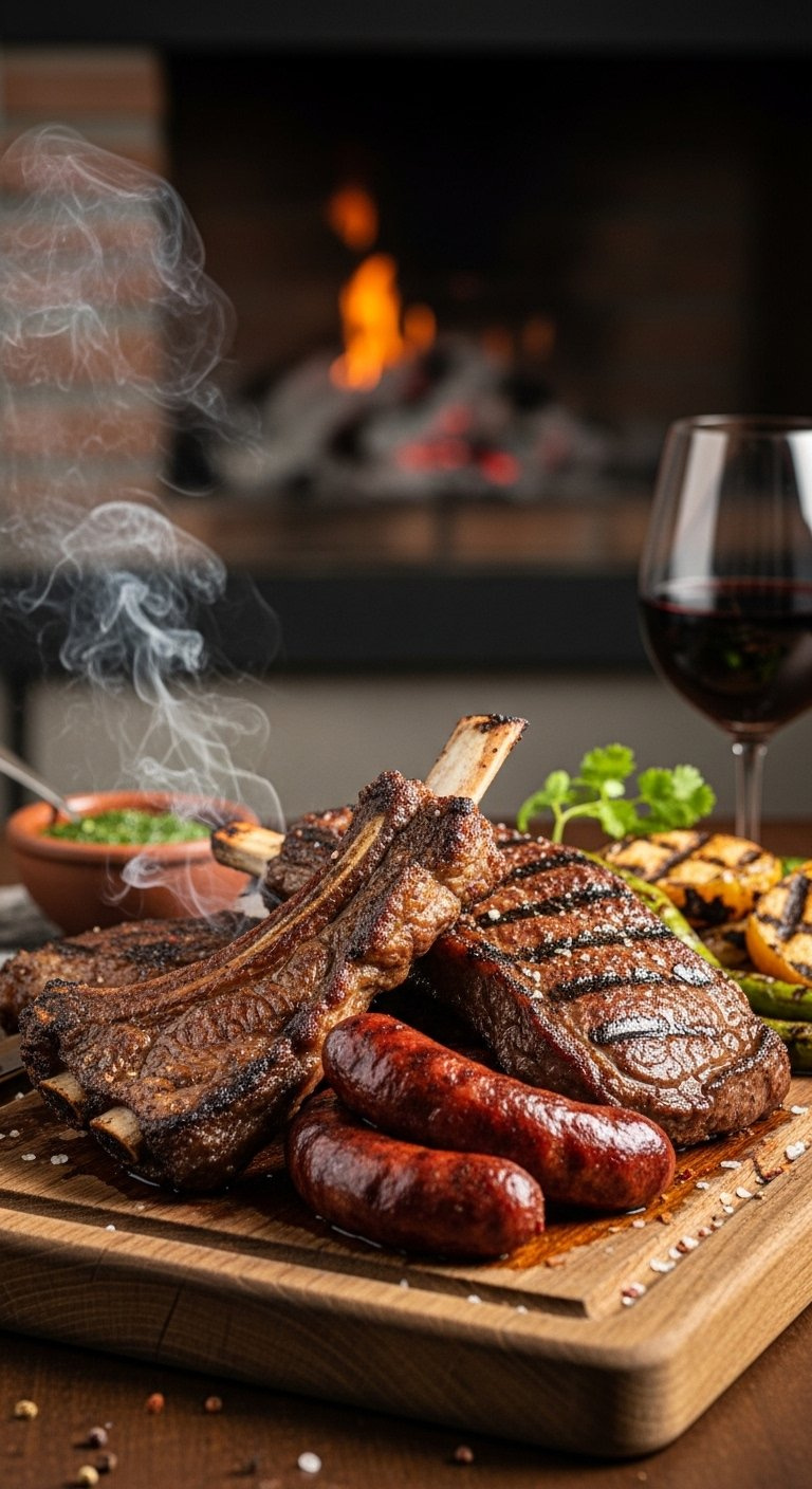 Succulent Grilled Argentinian Asado Beef And Chorizo Served On A Rustic Wooden Cutting Board.