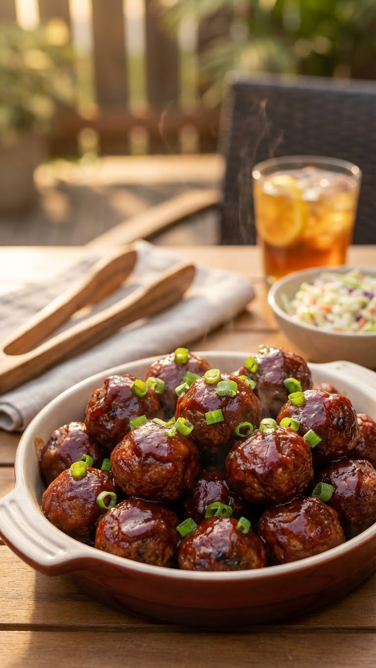 Succulent Instant Pot Bbq Meatballs With Glossy Sauce And Green Onions In Rustic Serving Dish.