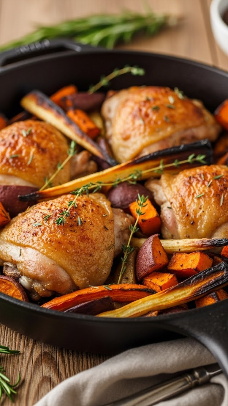 Succulent Roast Chicken Thighs With Caramelized Sweet Potatoes, Carrots And Parsnips In Cast Iron Skillet