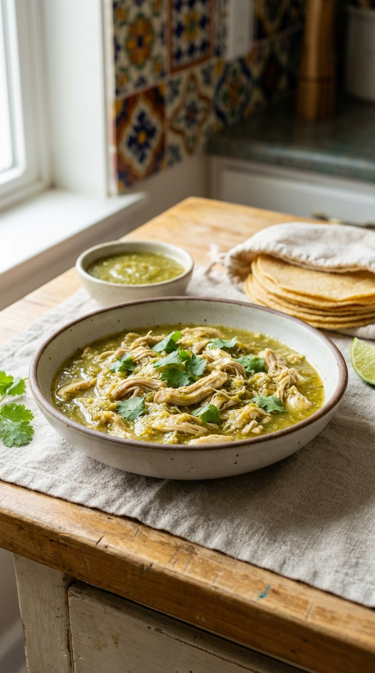 Succulent Shredded Salsa Verde Chicken Coated In Vibrant Green Sauce Garnished With Fresh Cilantro In Rustic Bowl With Tortillas.