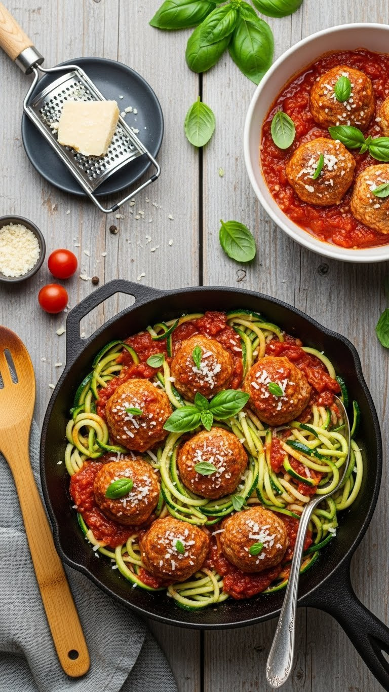 Succulent Turkey Meatballs With Zucchini Noodles In Rich Tomato Sauce Served In A Rustic Cast Iron Skillet With Fresh Basil Garnish