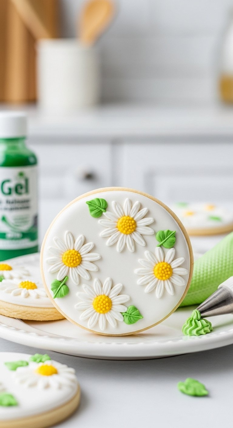 Sugar Cookie Decorated With White Buttercream Daisies And A Bright Yellow Center On A Plate.