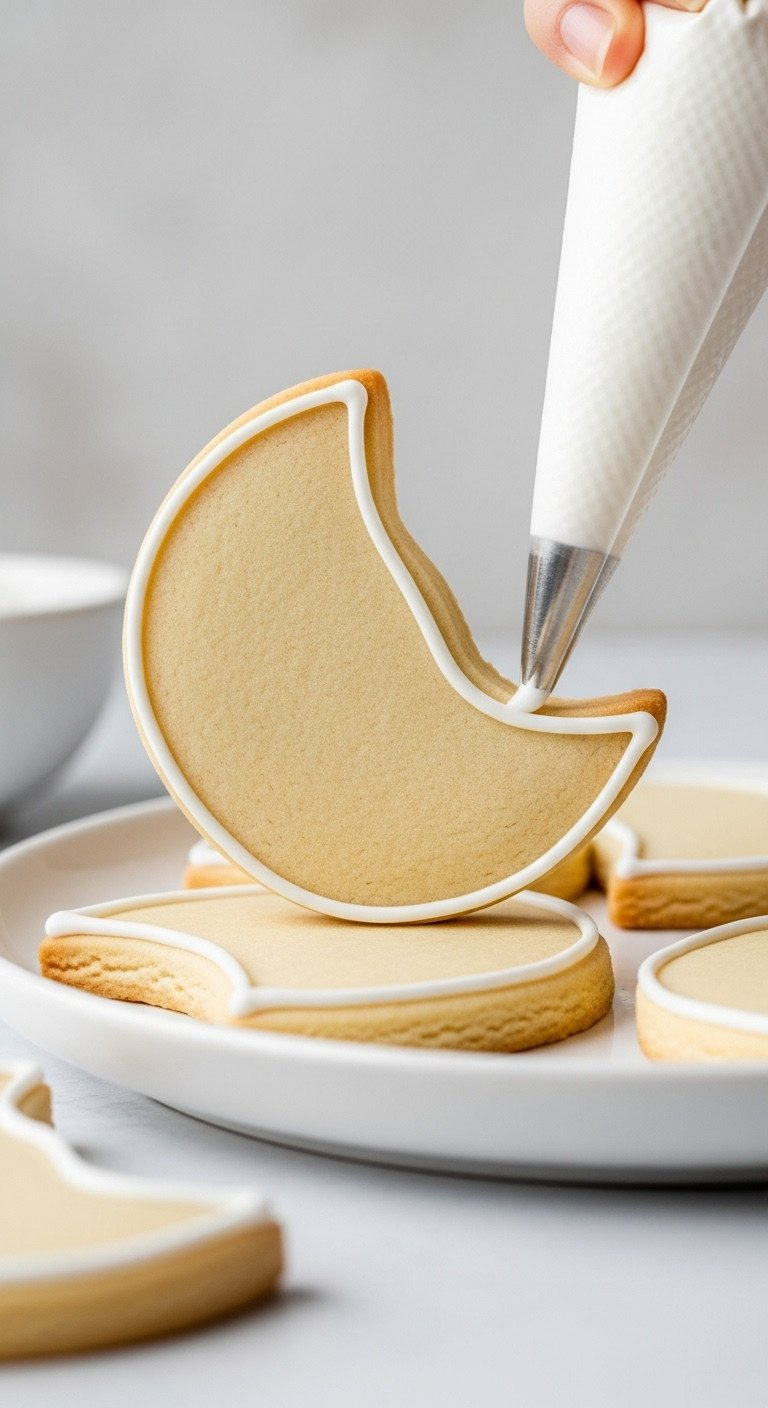 Sugar Cookie With Crisp White Royal Icing Outline, Showcasing Stiff Piping Consistency For Detailed Cookie Decoration.