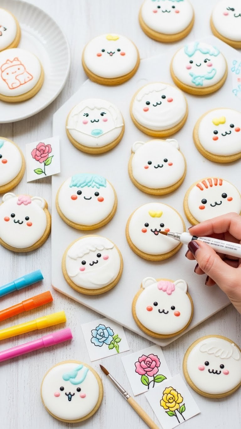 Sugar Cookies Decorated With Colorful Kawaii Faces And Animal Shapes Using Edible Ink Pens