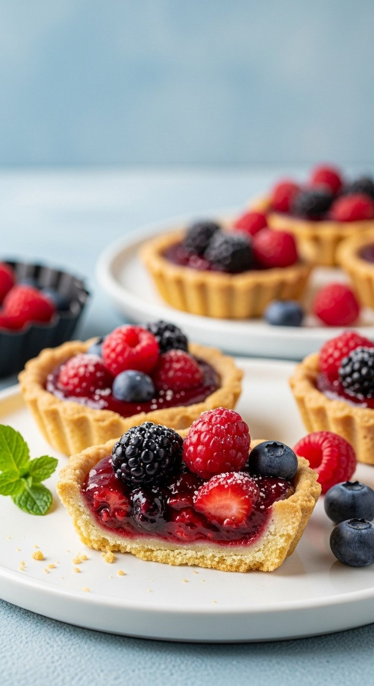 Sugar-Free Almond Flour Tart, Golden Crust, Vibrant Mixed Berry Filling, Dusted Sweetener. Delicious Low Carb Dessert.